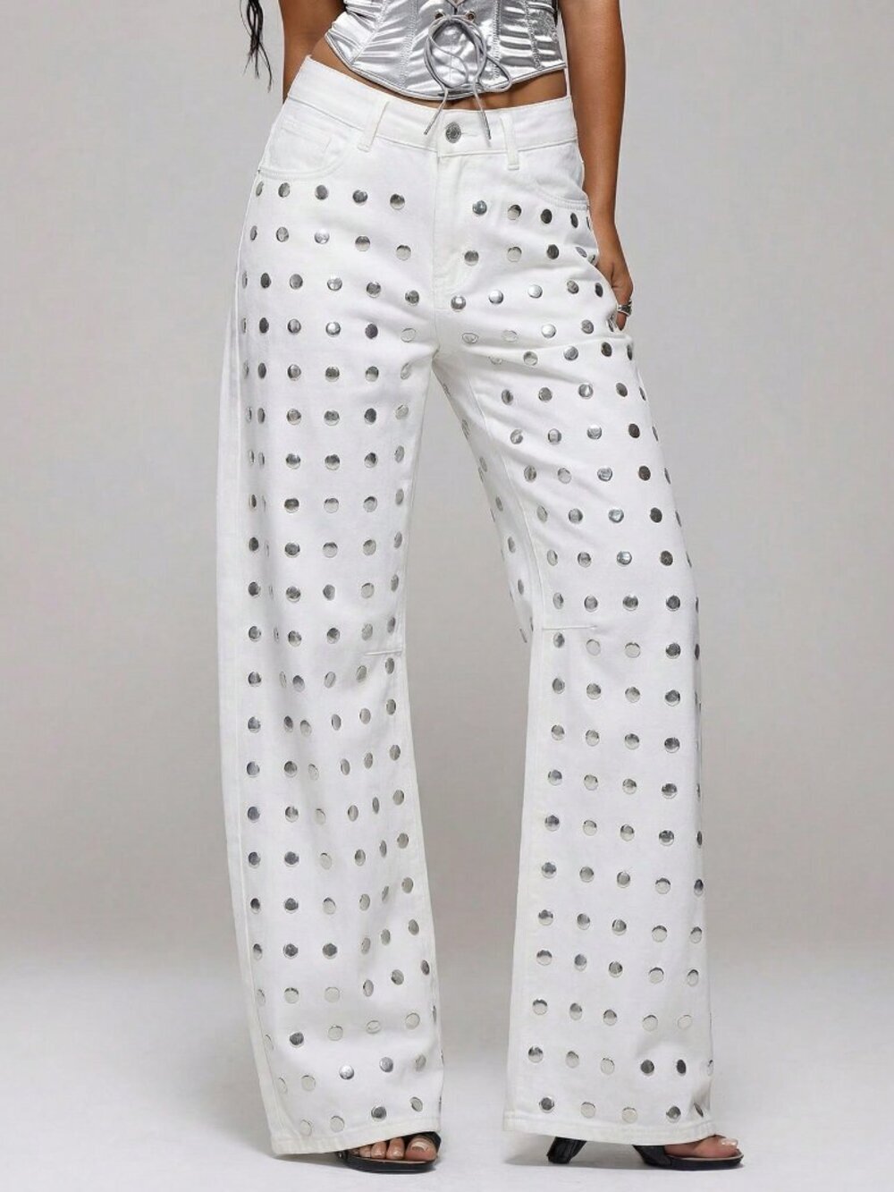 White Casual Women's Studded Baggy Straight Leg Jeans